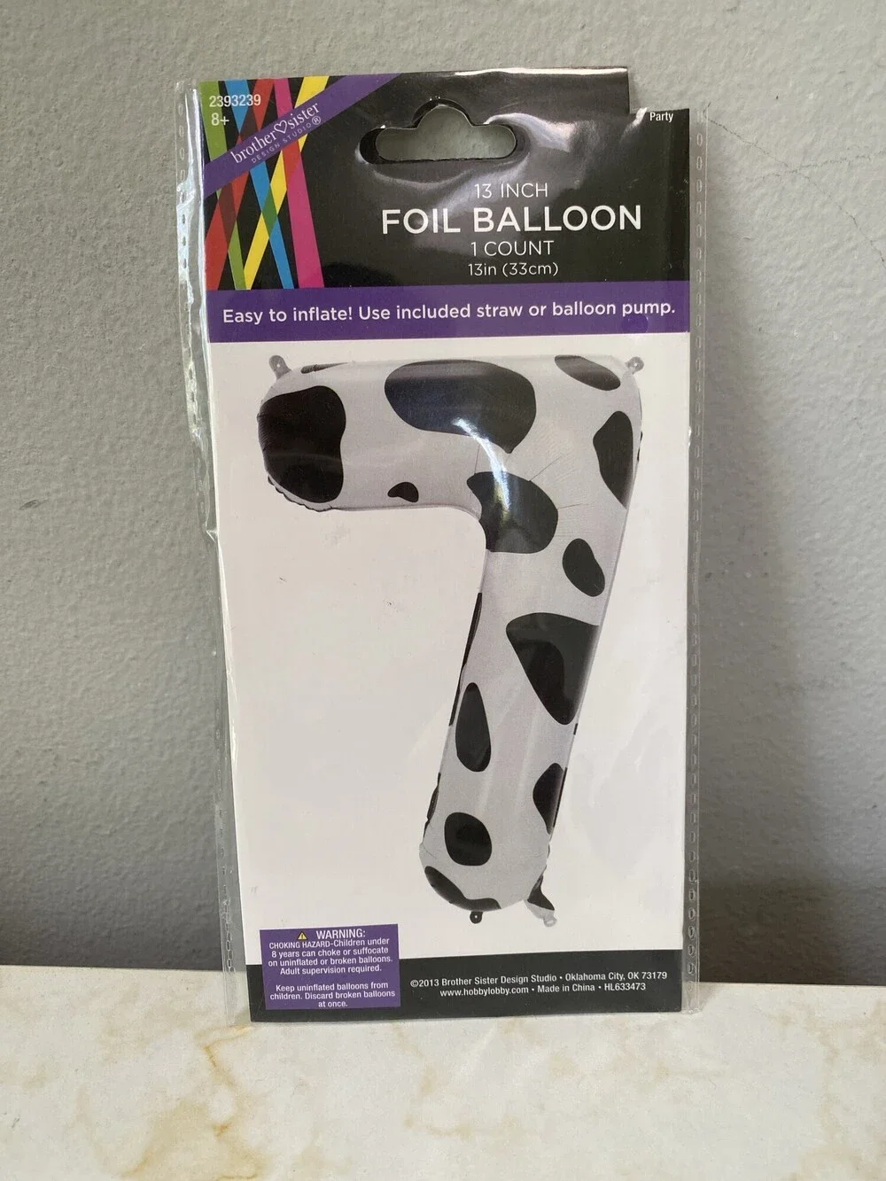 New Brother Sister Design Studio Cow Print Number 7 Foil Balloon 13 Inch NWT